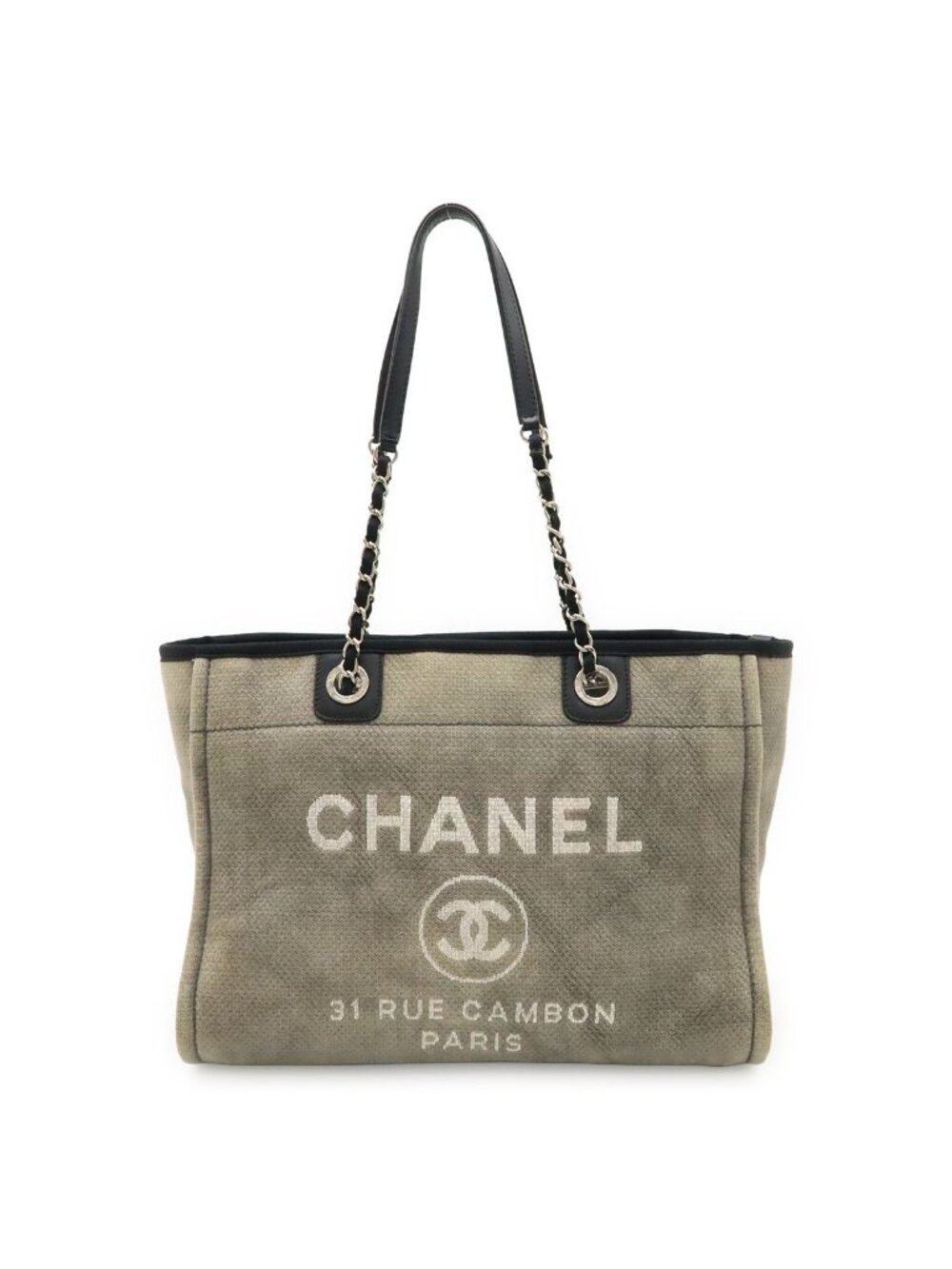 Chanel Deauville Line Tote MM Shoulder Bag Chain Canvas Leather Gray Black